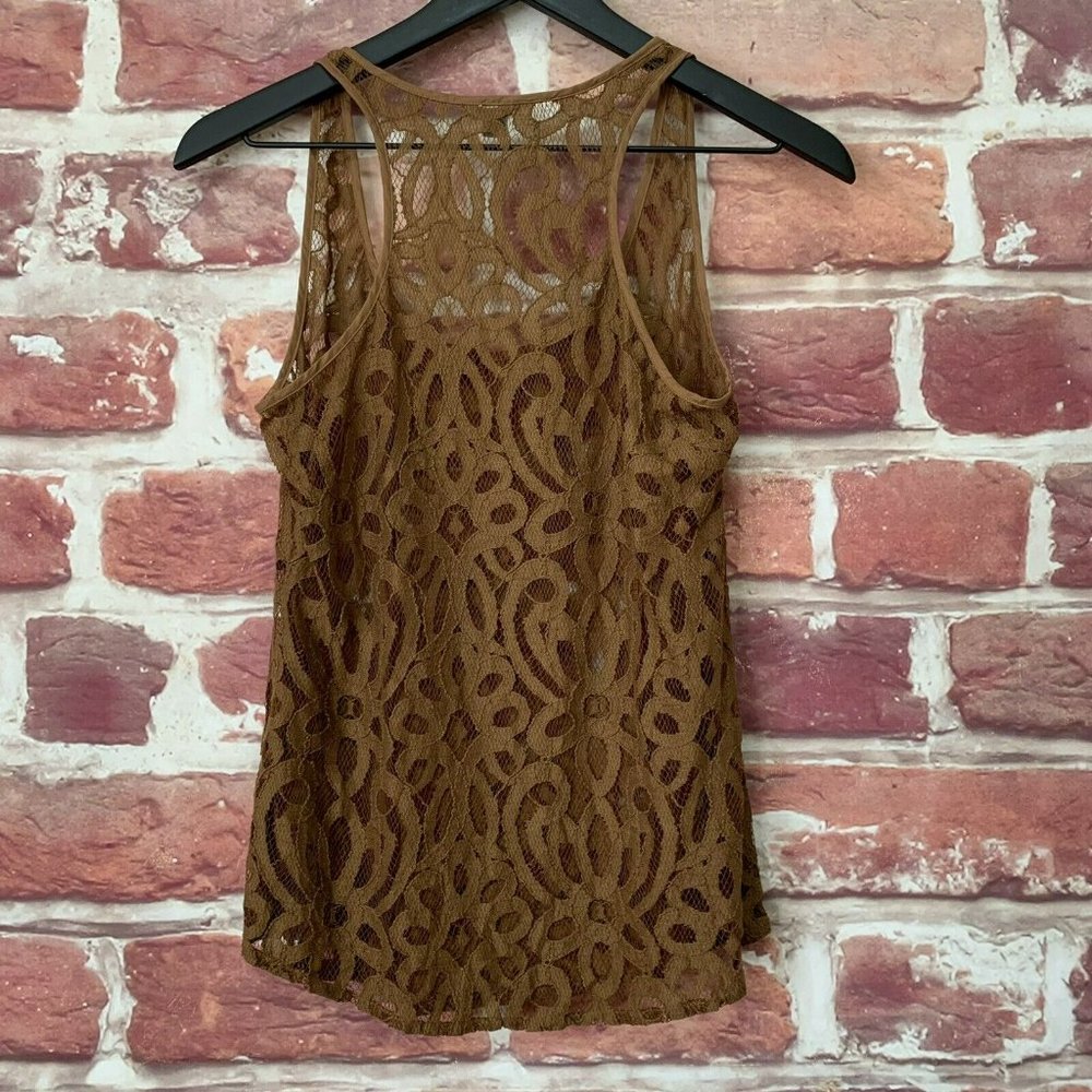 FOSSIL WOMEN'S TOP XS BROWN FLORAL EMBROIDERED MESH SHEER CASUAL CAMI TANK SHIRT - Picture 3 of 7